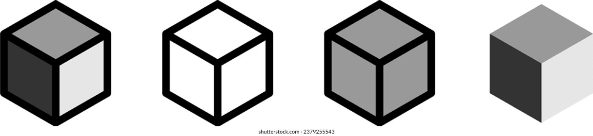 Basic Geometry Grayscale Monochrome Wireframe Thick Edge Solid Box Cube Icon Set in 3D Style Perspective View. Vector Image.