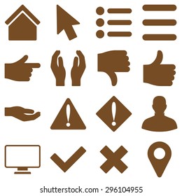 Basic gesture and sign vector icons. These plain symbols use brown color and isolated on a white background.