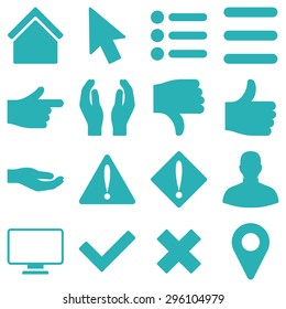 Basic gesture and sign vector icons. These plain symbols use cyan color and isolated on a white background.