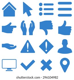 Basic gesture and sign vector icons. These plain symbols use cobalt color and isolated on a white background.