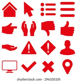 Basic gesture and sign vector icons. These plain symbols use red color and isolated on a white background.