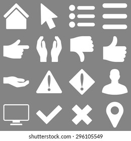 Basic gesture and sign vector icons. These plain symbols use white color and isolated on a gray background.