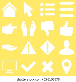 Basic gesture and sign vector icons. These plain symbols use white color and isolated on a yellow background.
