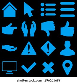 Basic gesture and sign vector icons. These plain symbols use blue color and isolated on a black background.