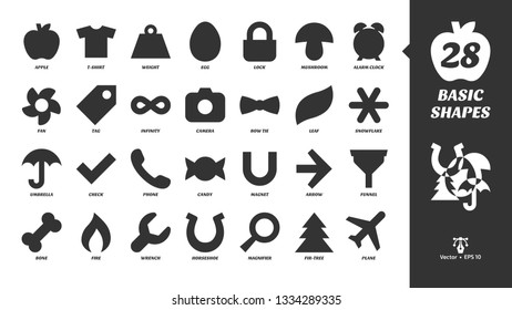 Basic glyph shapes icon set with simple fill silhouette apple, t-shirt, weight, egg, lock, mushroom, alarm clock, fan, tag, infinity, camera, bow tie, leaf, snowflake, umbrella and more black symbols.