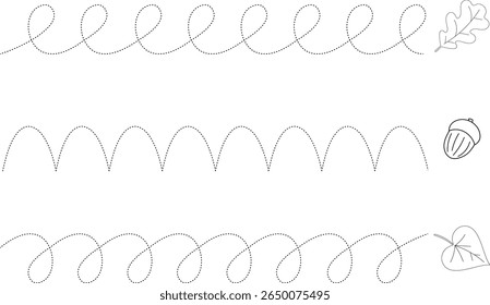 Basic graphomotor exercises. Trace line worksheets for children with autumn leaves and acorn. Preschool handwriting practice. Vector illustration.