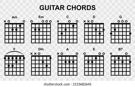 Basic guitar chords on white background. Guitar chords for beginner. Vector icons set.