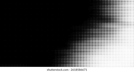 Efeito de pontos de meio-tom básicos em preto e branco. Efeito de meio-tom. Pontos de meio-tom. Meio-tom branco preto.Plano de fundo com pontilhado monocromático