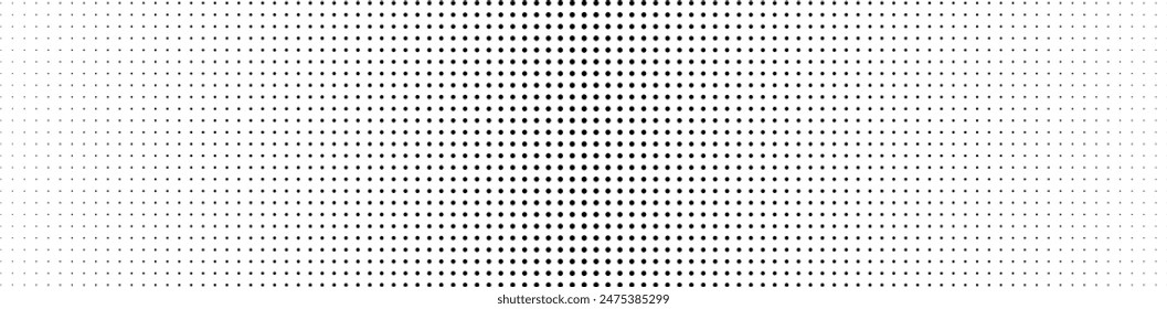 Basic halftones have the effect of black dots and a white background. Abstract monochrome texture, polka dots, large tear in the center, small gradients on the sides, horizontal cover.