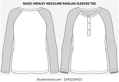 BASIC HENLEY PLACKET CREW NECKLINE TEE WITH LONG RAGLAN SLEEVES DETAIL DESIGNED FOR YOUNG WOMEN AND WOMEN IN VECTOR FILE