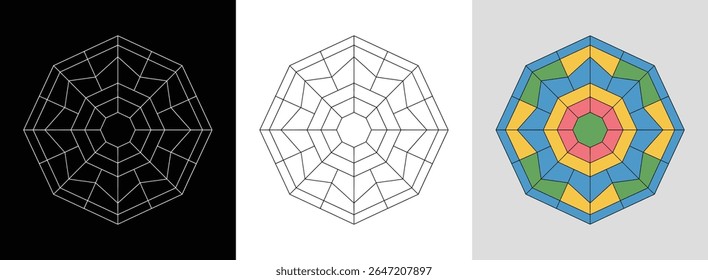 Basic hexagon mandala with lines and bright geometric color accents for modern decor.
