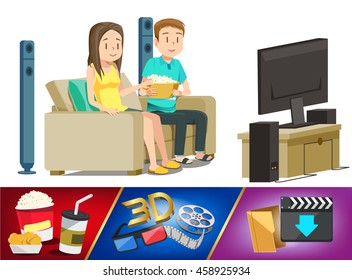 Basic home entertainment element. Couple watching movie in house. Weekend with family. Download from internet and play by modern television.