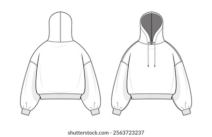 Basic Hoodie technical fashion illustration. hoodie vector template illustration. Front and back view. Oversized sleeve. Drop shoulder. Unisex. White color. CAD mockup.