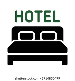 Icono de hotel Básico que muestra una cama y la palabra 'hotel', que representa los servicios de alojamiento.