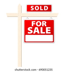 Basic House For Sale With Sold Above Sign. Vector Illustration