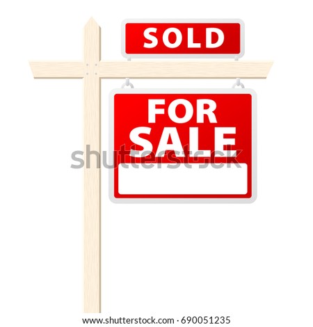 Basic house for sale with Sold above sign. Vector illustration