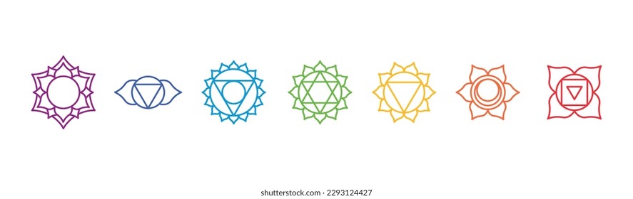Basic human chakra system. 7 chakras. Set of seven chakra symbols of human body. Root, Navel, Solar plexus, Heart, Throat, Third eye, Crown