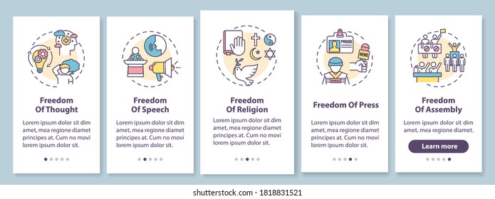 Basic human freedoms onboarding mobile app page screen with concepts. Fundamental human rights. Walkthrough 5 steps graphic instructions. UI vector template with RGB color illustrations