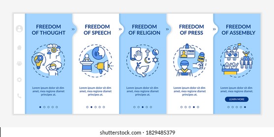 Basic human freedoms onboarding vector template. Freedom of press. Fundamental human rights. Responsive mobile website with icons. Webpage walkthrough step screens. RGB color concept