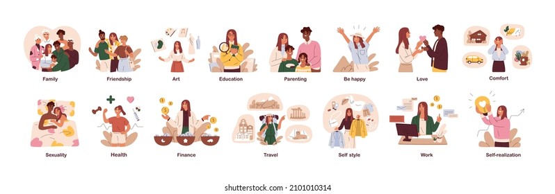 Basic human needs and essentials. Psychology concept of life areas development. Happy people, their pleasures and self-realization in work, love. Flat vector illustration isolated on white background