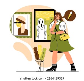 Basic human needs. Girl looks at paintings, art. Creative personality or cultural character. Love for beauty and unusual style. Character resting in gallery, weekends. Cartoon flat vector illustration