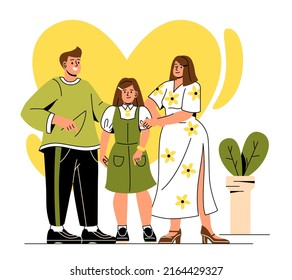 Basic human needs. Man and woman take their daughter for walk. Happy family resting at weekend. Parents and little girl in city or town park, active lifestyle. Cartoon flat vector illustration