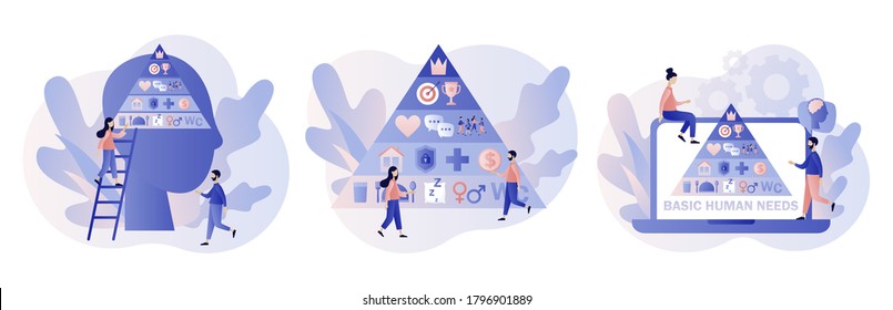 Basic human needs. Maslow hierarchy pyramid.Tiny people and triangle pyramid with physiological, safety, belonging love social esteem and self actualization levels structure scheme.Vector illustration