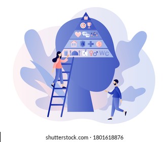 Basic human needs. Maslow hierarchy triangle pyramid with physiological, safety, belonging love social esteem and self actualization levels structure scheme. Vector illustration