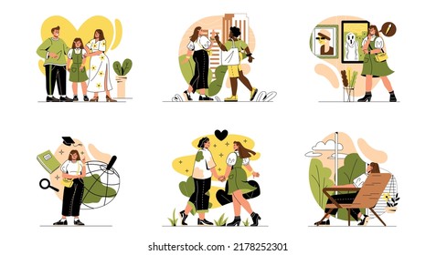 Basic human needs. Moral and psychological values in life. Love, friendship, family, entertainment, education and recreation. Happy characters. Cartoon flat vector set isolated on white background