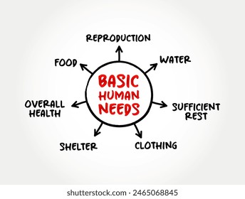 Basic Human Needs - one of the major approaches to the measurement of absolute poverty in developing countries, mind map concept background