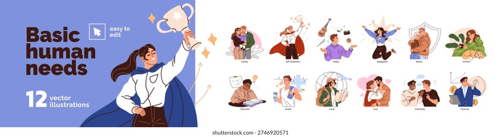 Basic human needs set. People with different life essentials: education, family, love, happiness, health, success, self realization and finances. Flat isolated vector illustration on white background