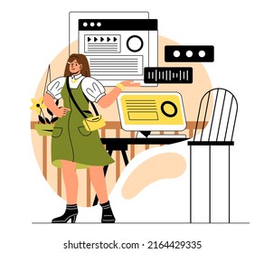 Basic human needs. Young woman developing interface for website. Modern technologies and digital world. Graphic designer in office, website mockup or layout. Cartoon flat vector illustration