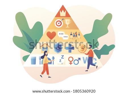 Basic human needs.Maslow hierarchy pyramid. Tiny people and triangle pyramid with physiological, safety, belonging love social esteem and self actualization levels structure scheme.Vector illustration