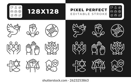 Basic human rights pixel perfect line black and white line icons set. Peace, freedom and equality for citizens. People protection. Outline iconset. Isolated monochrome illustrations. Editable stroke