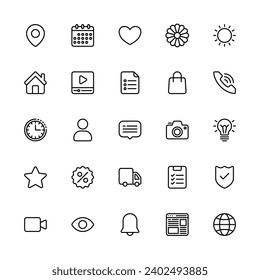 Basic Icon Line Style. Location, Home, User, Camera, Etc. Vector Illustration