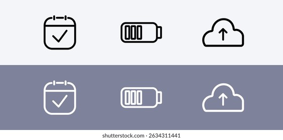 Basic icon pack - calendar , battery and cloud upload icon.
