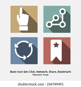 Basic Icon Set: Click Hand, Network, Share, Bookmark, Internet Website Icons.  Flat Design with nice long shadows
