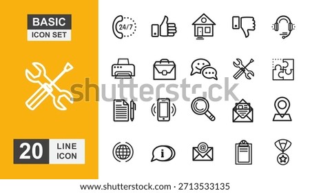 Basic icon set. Email, document, sign, internet, profile and more line icon.