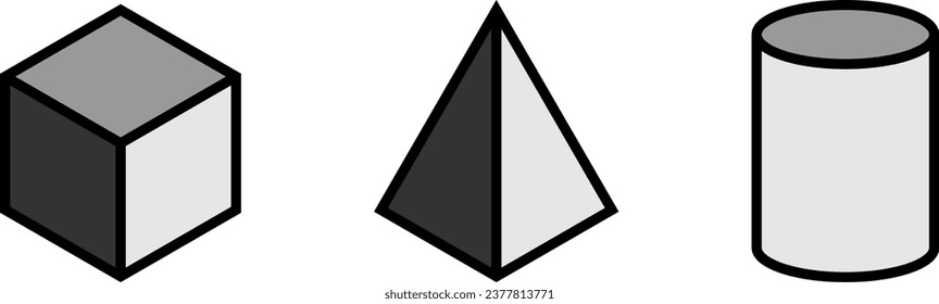 Basic Icon Set of Geometric Shapes including Cube Box Pyramid and Cylinder in 3D Style Perspective View. Vector Image.