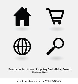 Basic Icon Set: Home, shopping Cart, Globe, Search, Web Icons