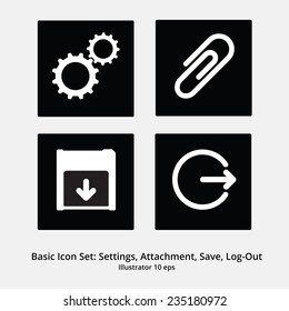Basic Icon Set: Settings, Attachment, Save, Log-Out. Cog Wheel, Paperclip, Floppy disk. Internet, Computer Icons