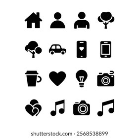 Basic icon set. silhouette style, Home, people, car, house, star, heart symbol vector illustration.