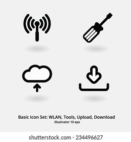 Basic Icon Set: WLAN, Tools, Upload, Download, Internet Icons