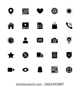 Basic Icon Solid Style. Location, Calendar, Time, Message, Video And More. Vector Illustration