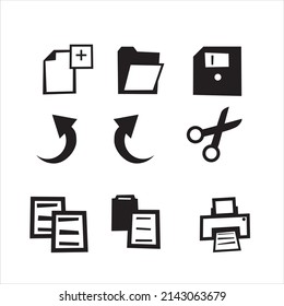 Basic Icon For Work New File, Open File, Save, Undo, Redo, Cut, Copy, Paste, And Print Vector Set