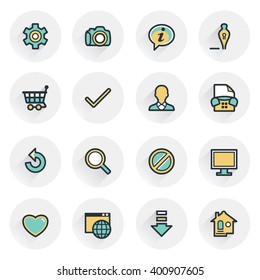 Basic icons. Contour lines with color fills. Flat design.