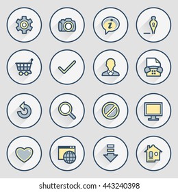 Basic icons. Contour lines with color fills. Flat design.