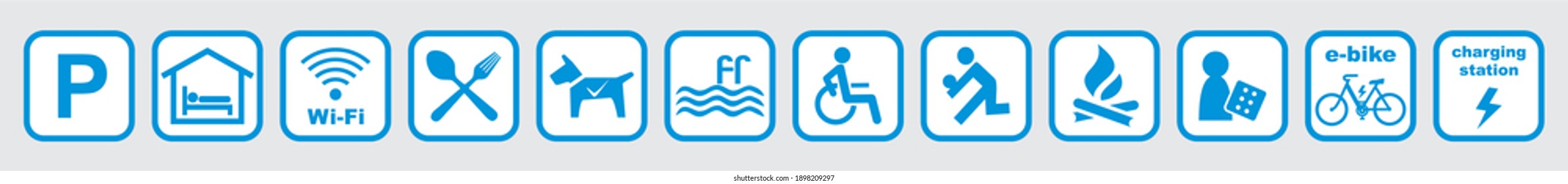 Basic icons of hotel services, set of symbols,web, blue color, vector