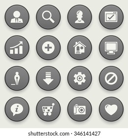 Basic icons on black buttons. Flat design.