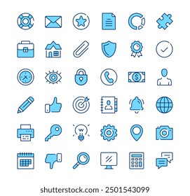 Iconos Básicos. Símbolos de contorno. Conjunto de iconos de línea azul de Vector